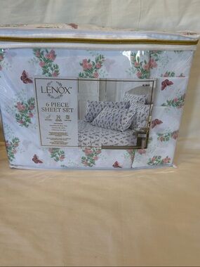 Lenox White Sheet Set with Pink Floral & Green Leaves - 6 Piece King Size